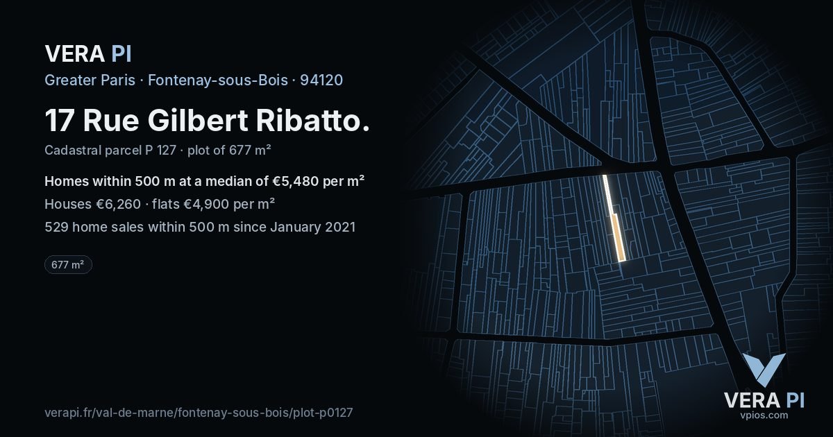 17 Rue Gilbert Ribatto, Fontenay-sous-Bois at night – the plot lit, the parcels around coloured by the prices near them
