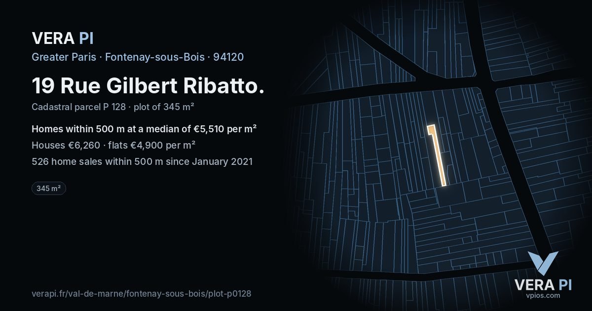 19 Rue Gilbert Ribatto, Fontenay-sous-Bois at night – the plot lit, the parcels around coloured by the prices near them