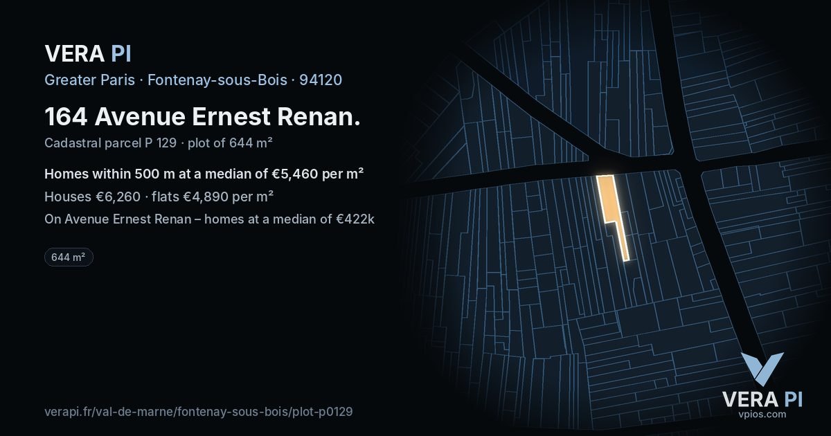 164 Avenue Ernest Renan, Fontenay-sous-Bois at night – the plot lit, the parcels around coloured by the prices near them