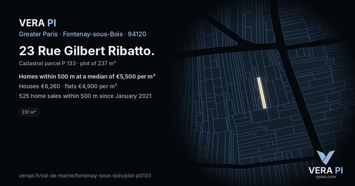 23 Rue Gilbert Ribatto, Fontenay-sous-Bois at night – the plot lit, the parcels around coloured by the prices near them