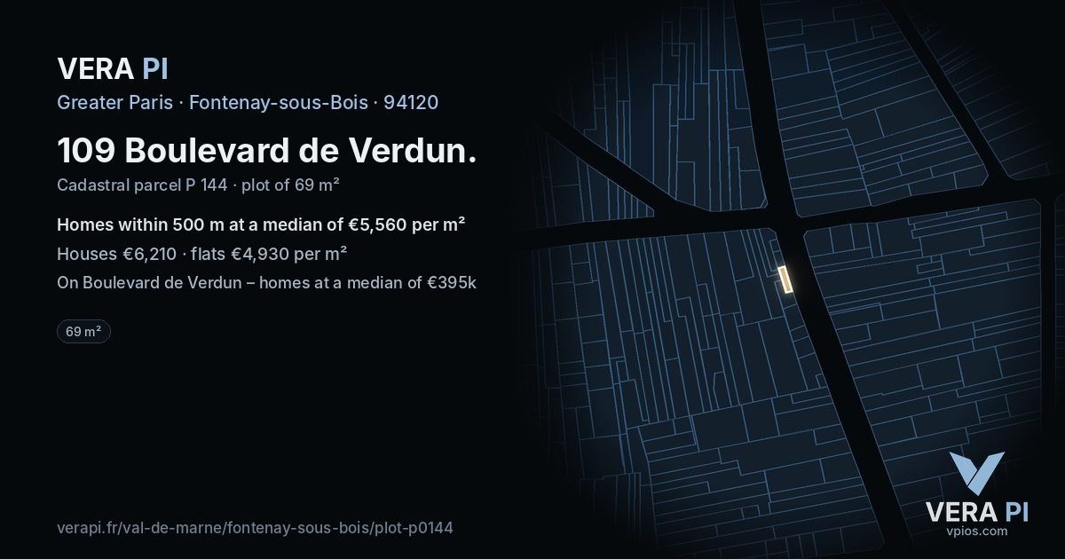 109 Boulevard de Verdun, Fontenay-sous-Bois at night – the plot lit, the parcels around coloured by the prices near them