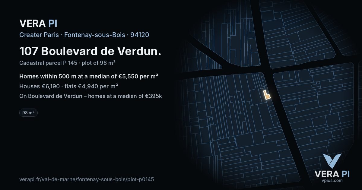 107 Boulevard de Verdun, Fontenay-sous-Bois at night – the plot lit, the parcels around coloured by the prices near them
