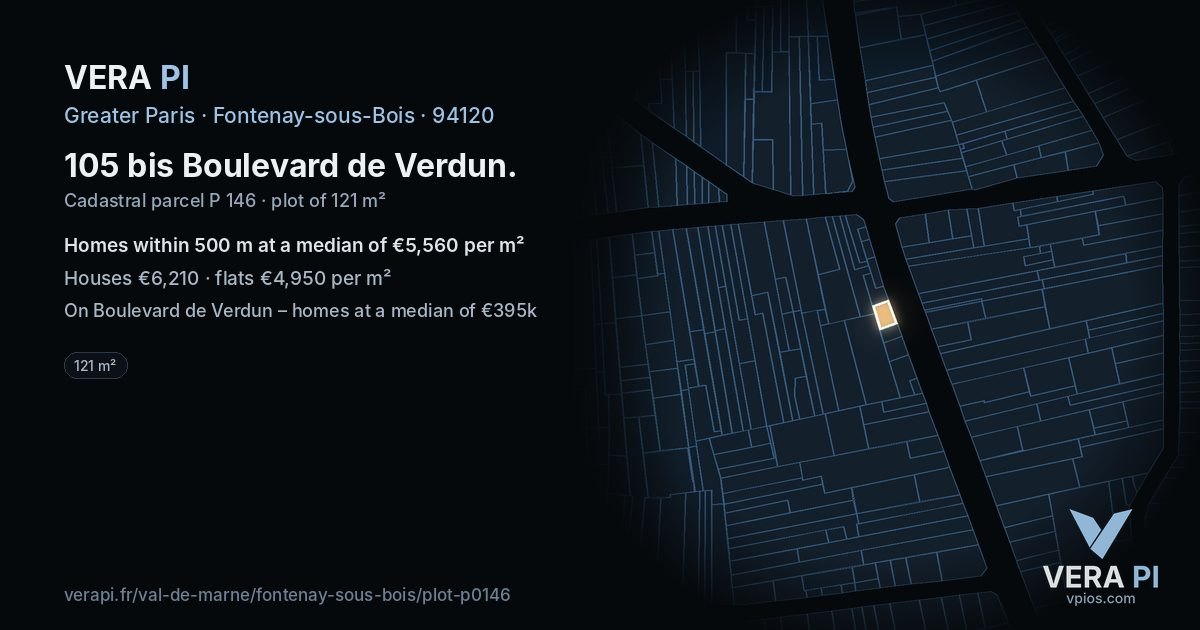 105 bis Boulevard de Verdun, Fontenay-sous-Bois at night – the plot lit, the parcels around coloured by the prices near them