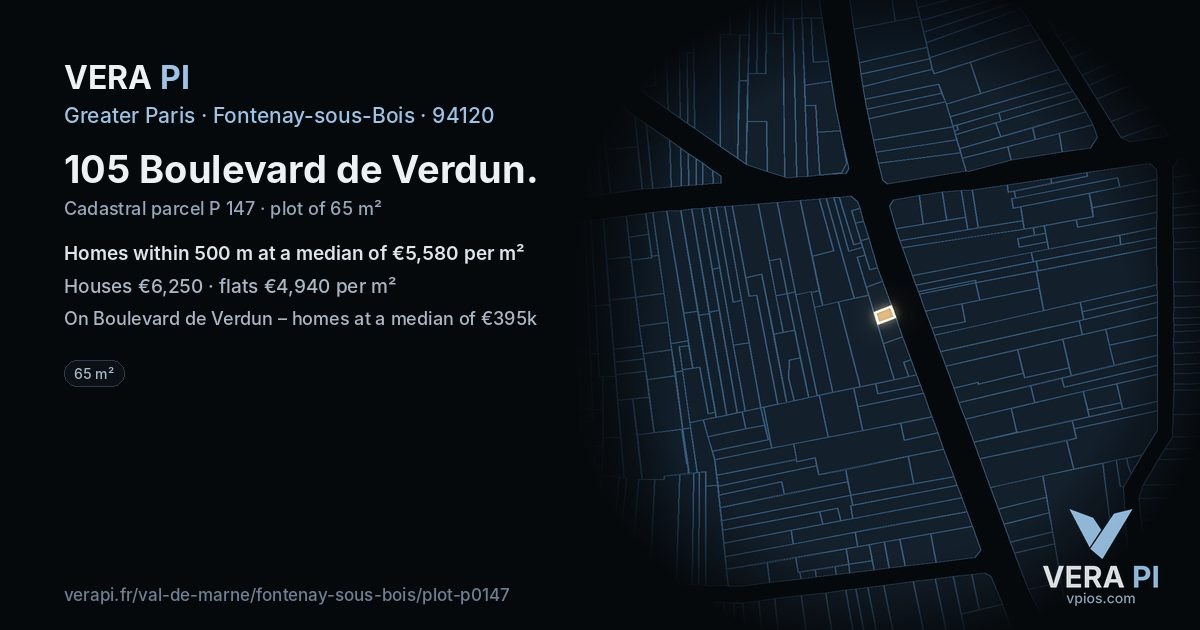 105 Boulevard de Verdun, Fontenay-sous-Bois at night – the plot lit, the parcels around coloured by the prices near them
