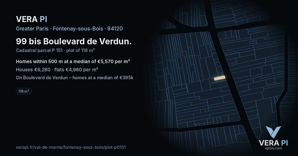 99 bis Boulevard de Verdun, Fontenay-sous-Bois at night – the plot lit, the parcels around coloured by the prices near them