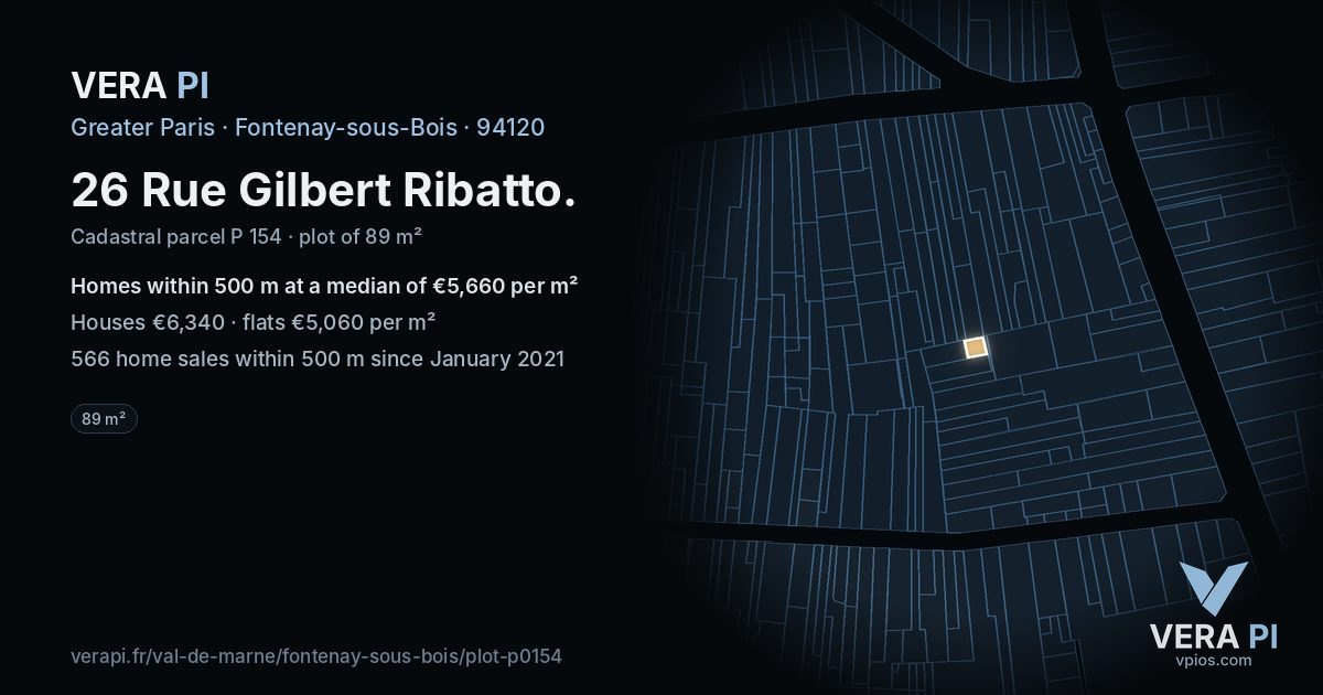 26 Rue Gilbert Ribatto, Fontenay-sous-Bois at night – the plot lit, the parcels around coloured by the prices near them