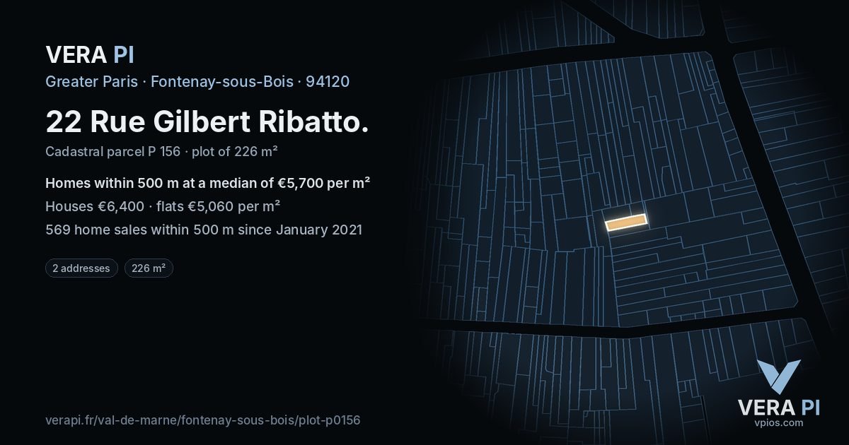 22 Rue Gilbert Ribatto, Fontenay-sous-Bois at night – the plot lit, the parcels around coloured by the prices near them