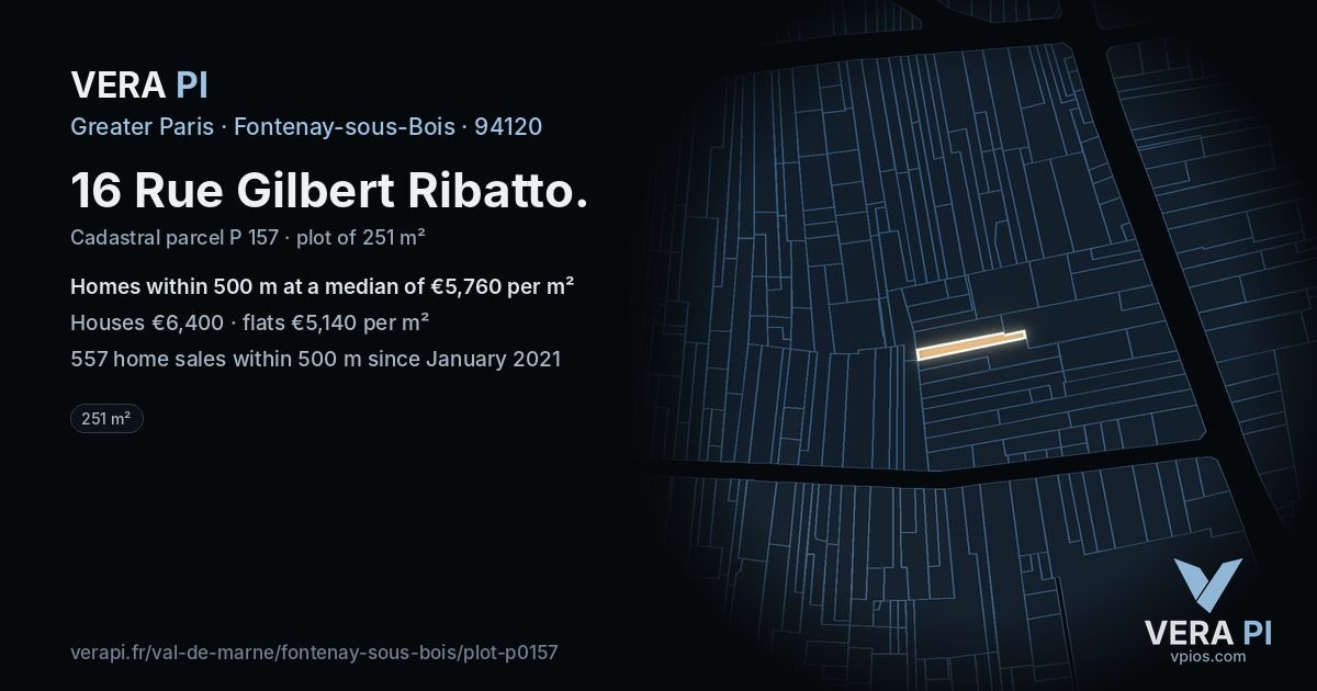 16 Rue Gilbert Ribatto, Fontenay-sous-Bois at night – the plot lit, the parcels around coloured by the prices near them