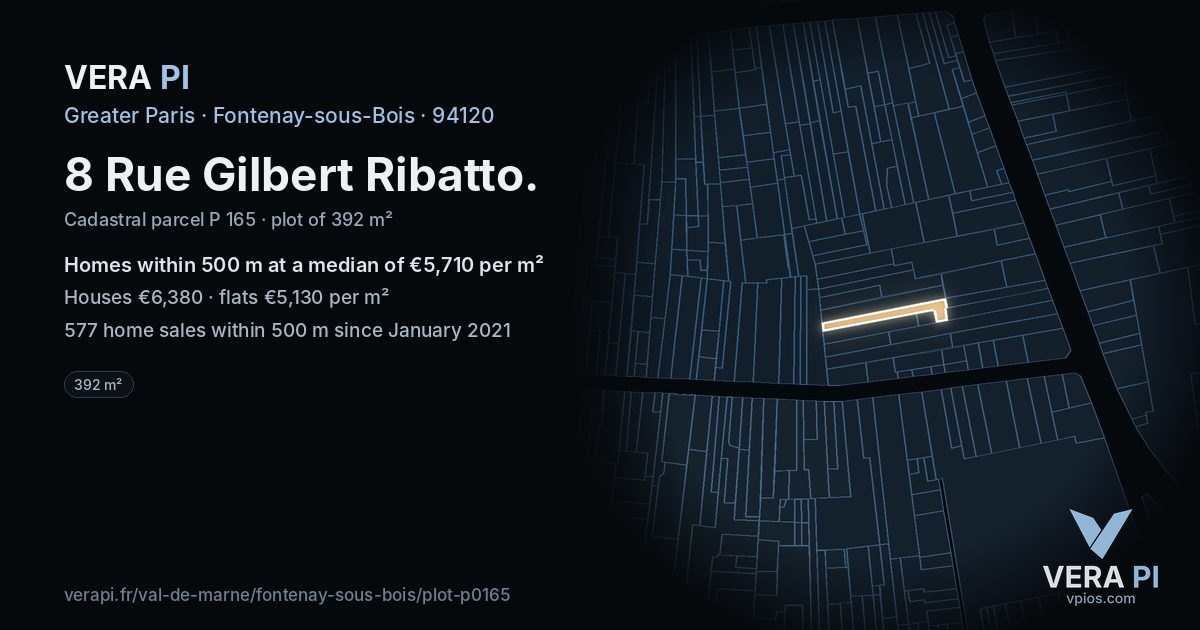 8 Rue Gilbert Ribatto, Fontenay-sous-Bois at night – the plot lit, the parcels around coloured by the prices near them