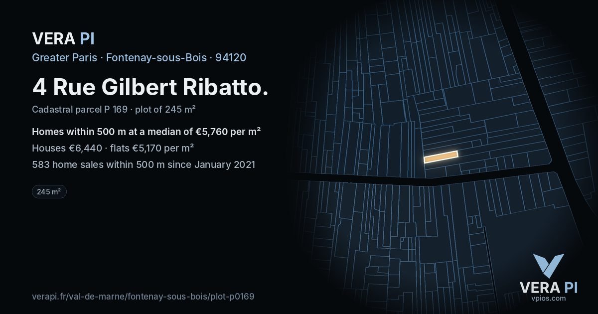 4 Rue Gilbert Ribatto, Fontenay-sous-Bois at night – the plot lit, the parcels around coloured by the prices near them
