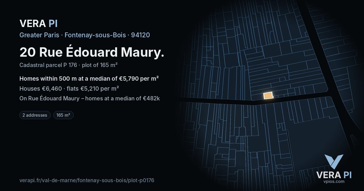 20 Rue Édouard Maury, Fontenay-sous-Bois at night – the plot lit, the parcels around coloured by the prices near them