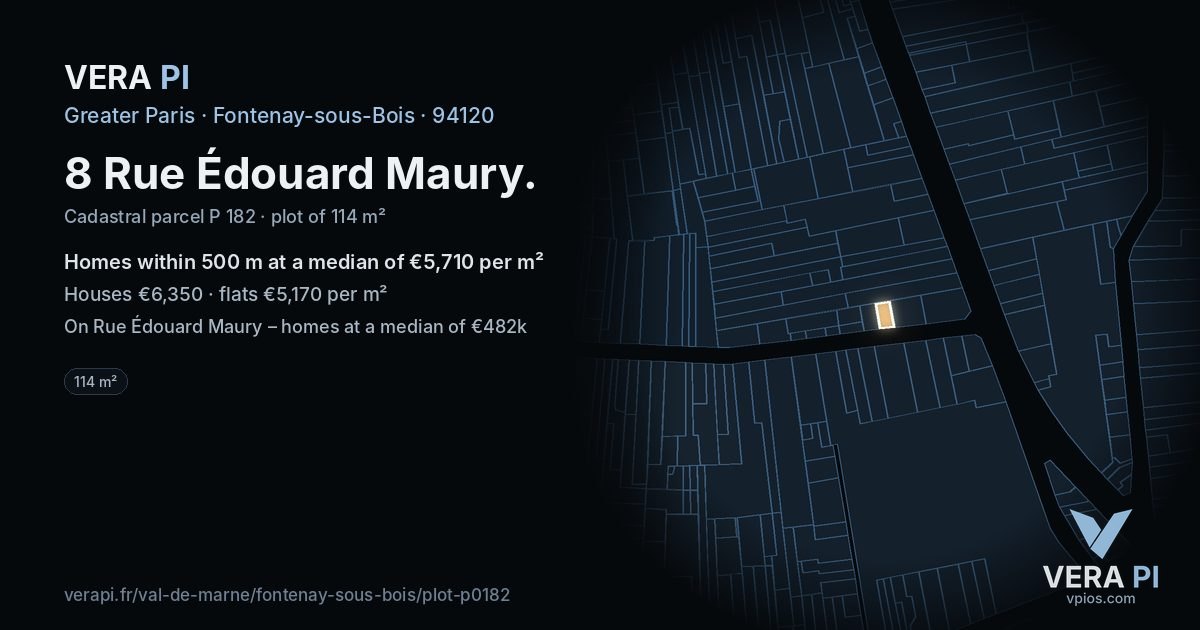 8 Rue Édouard Maury, Fontenay-sous-Bois at night – the plot lit, the parcels around coloured by the prices near them