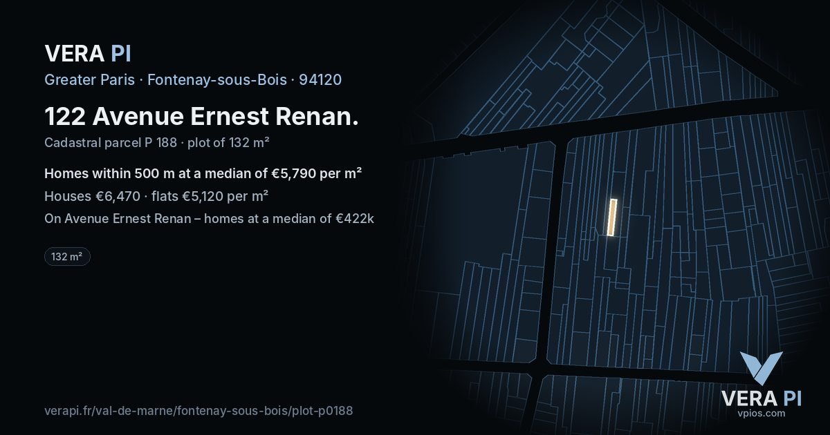 122 Avenue Ernest Renan, Fontenay-sous-Bois at night – the plot lit, the parcels around coloured by the prices near them