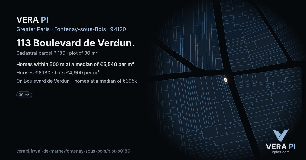 113 Boulevard de Verdun, Fontenay-sous-Bois at night – the plot lit, the parcels around coloured by the prices near them