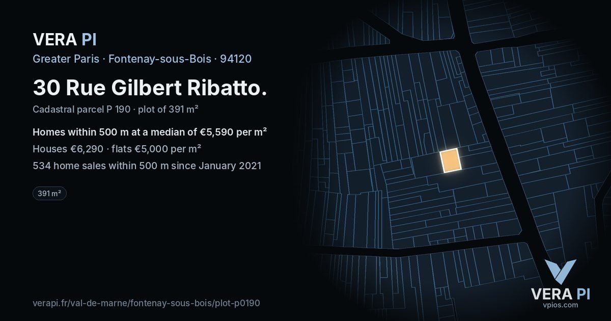 30 Rue Gilbert Ribatto, Fontenay-sous-Bois at night – the plot lit, the parcels around coloured by the prices near them