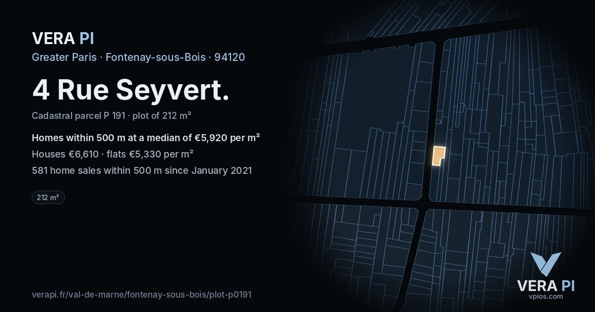 4 Rue Seyvert, Fontenay-sous-Bois at night – the plot lit, the parcels around coloured by the prices near them