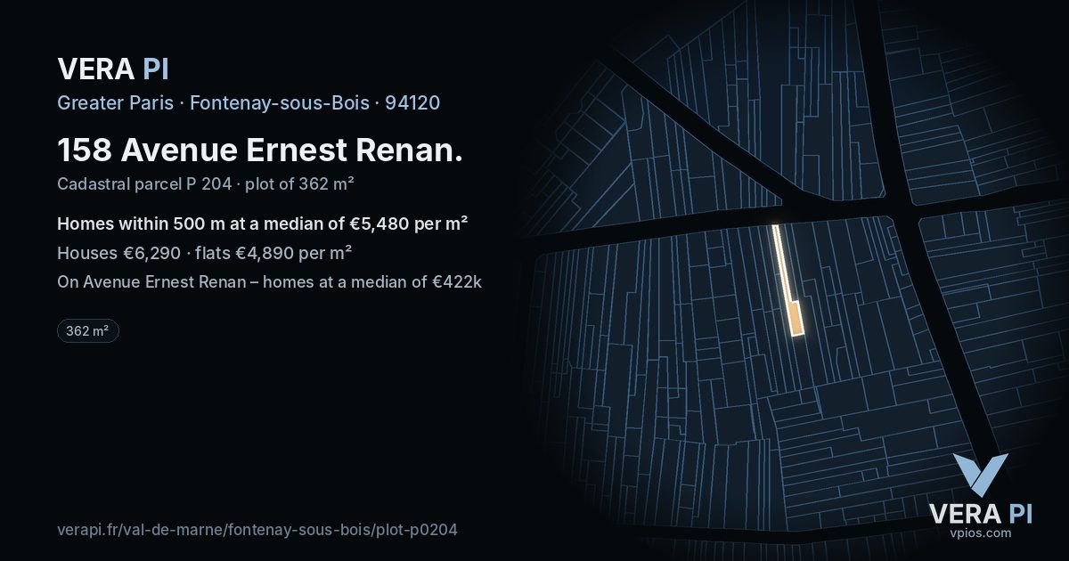 158 Avenue Ernest Renan, Fontenay-sous-Bois at night – the plot lit, the parcels around coloured by the prices near them