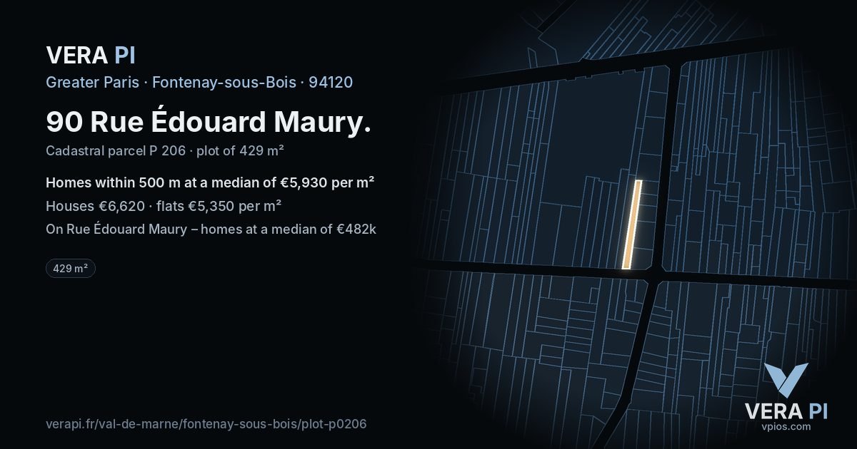 90 Rue Édouard Maury, Fontenay-sous-Bois at night – the plot lit, the parcels around coloured by the prices near them