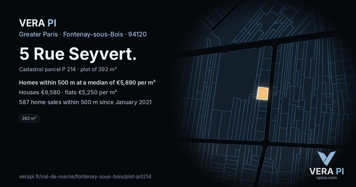 5 Rue Seyvert, Fontenay-sous-Bois at night – the plot lit, the parcels around coloured by the prices near them