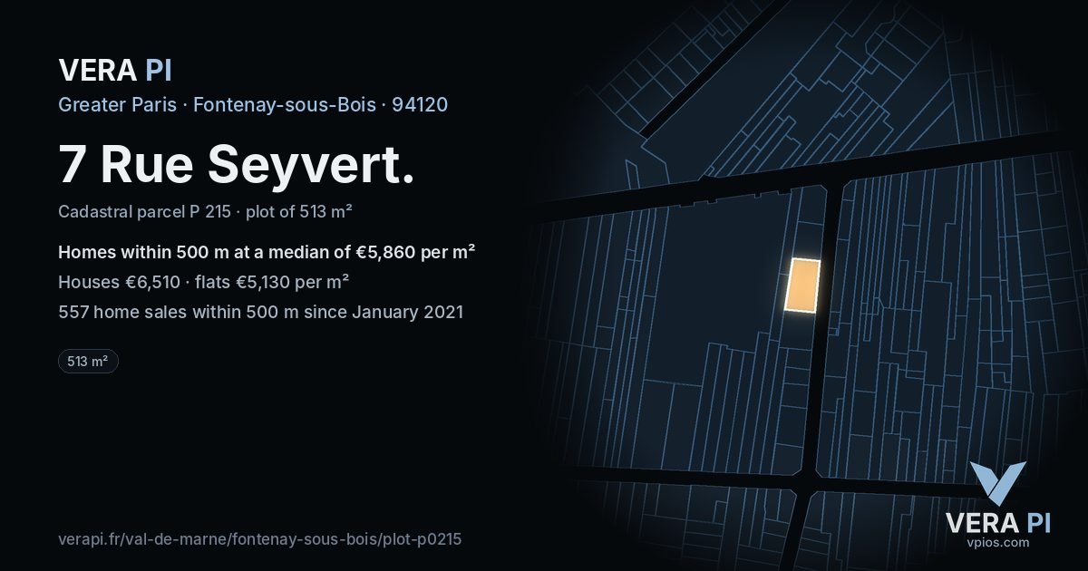 7 Rue Seyvert, Fontenay-sous-Bois at night – the plot lit, the parcels around coloured by the prices near them