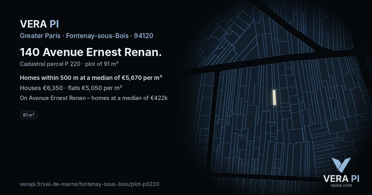 140 Avenue Ernest Renan, Fontenay-sous-Bois at night – the plot lit, the parcels around coloured by the prices near them