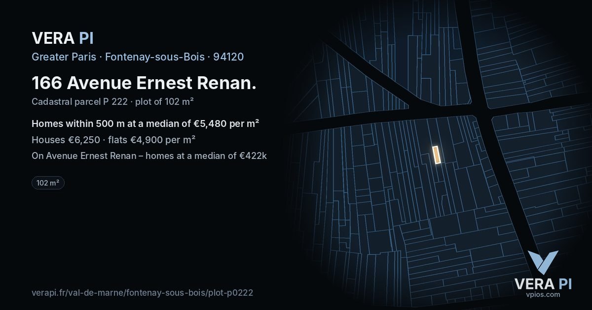 166 Avenue Ernest Renan, Fontenay-sous-Bois at night – the plot lit, the parcels around coloured by the prices near them