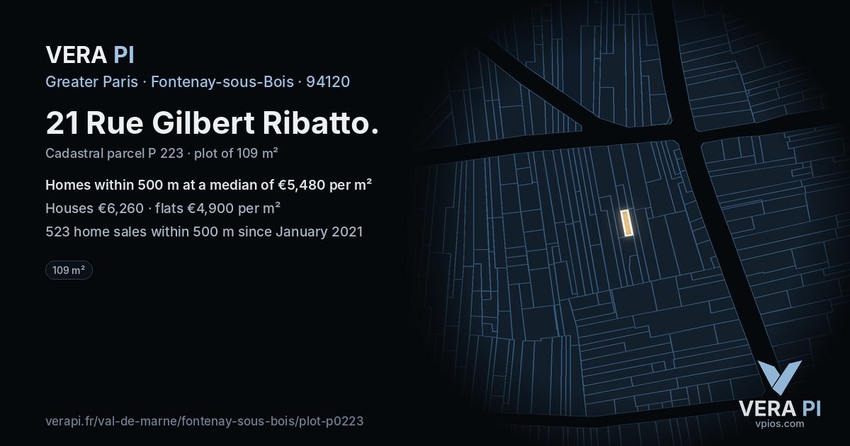 21 Rue Gilbert Ribatto, Fontenay-sous-Bois at night – the plot lit, the parcels around coloured by the prices near them