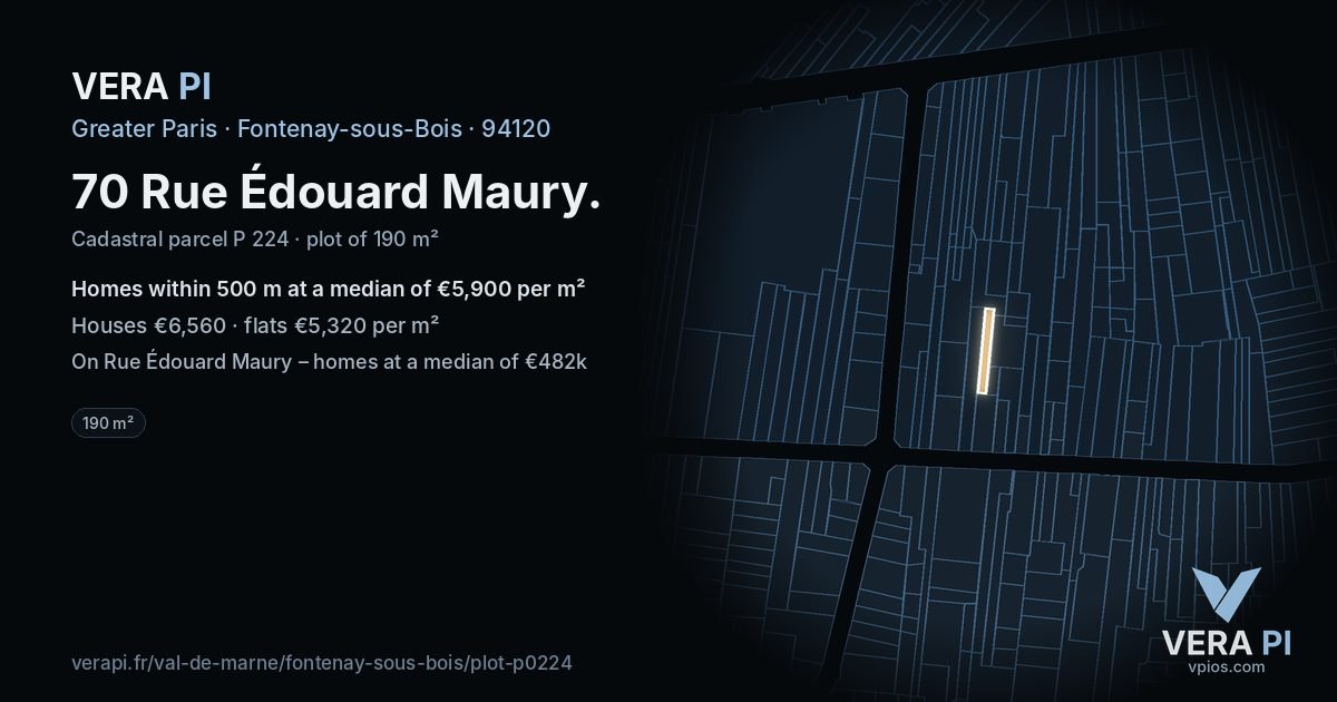70 Rue Édouard Maury, Fontenay-sous-Bois at night – the plot lit, the parcels around coloured by the prices near them