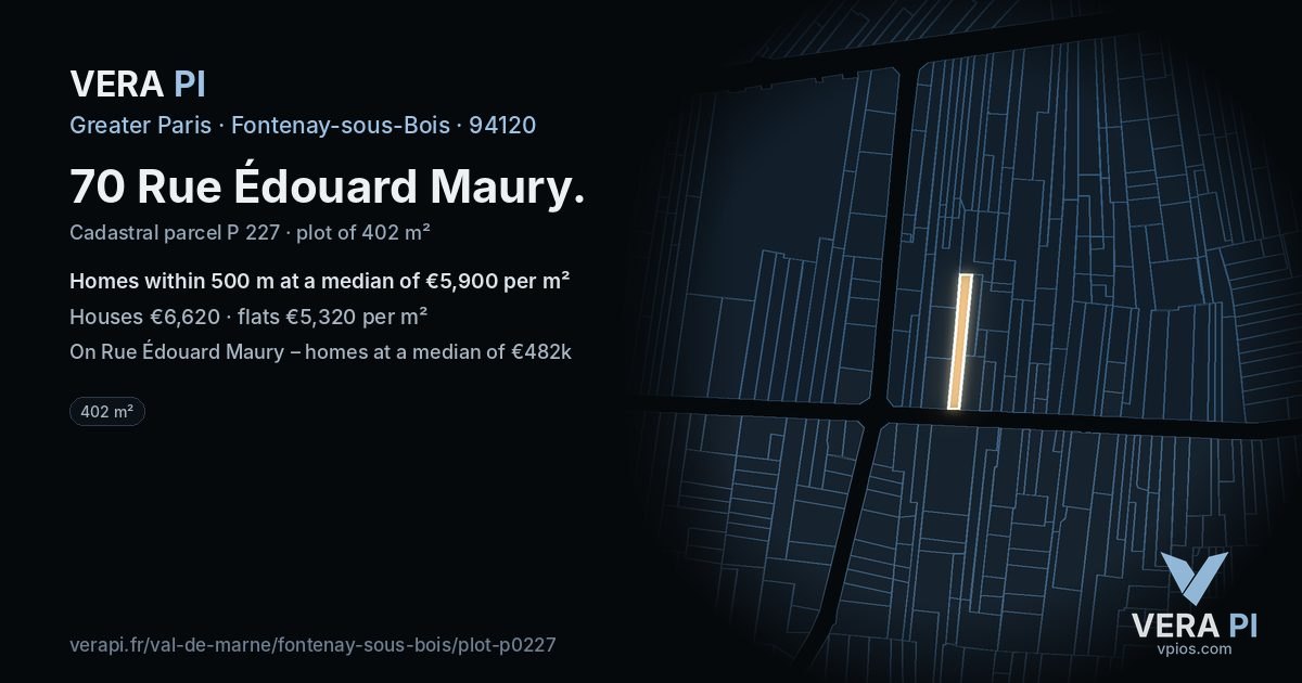 70 Rue Édouard Maury, Fontenay-sous-Bois at night – the plot lit, the parcels around coloured by the prices near them