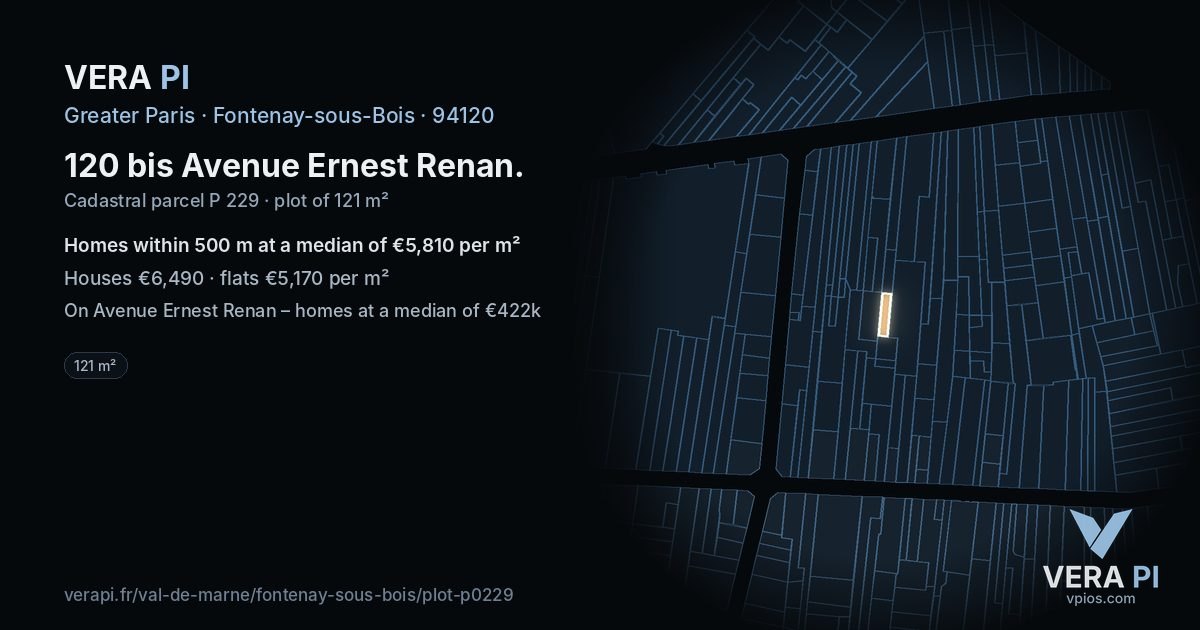 120 bis Avenue Ernest Renan, Fontenay-sous-Bois at night – the plot lit, the parcels around coloured by the prices near them