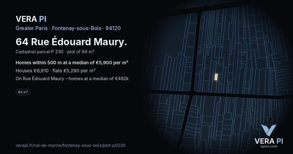 64 Rue Édouard Maury, Fontenay-sous-Bois at night – the plot lit, the parcels around coloured by the prices near them
