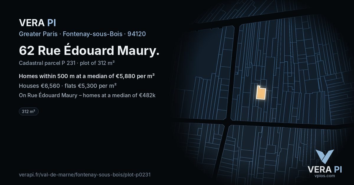62 Rue Édouard Maury, Fontenay-sous-Bois at night – the plot lit, the parcels around coloured by the prices near them