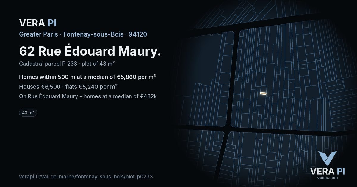 62 Rue Édouard Maury, Fontenay-sous-Bois at night – the plot lit, the parcels around coloured by the prices near them