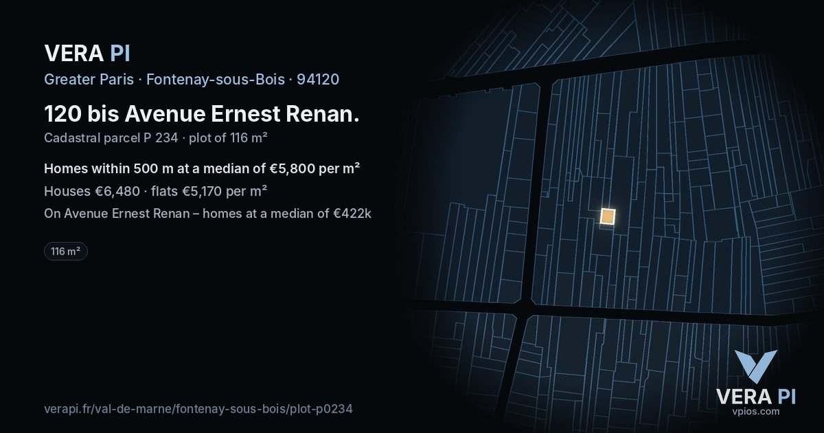 120 bis Avenue Ernest Renan, Fontenay-sous-Bois at night – the plot lit, the parcels around coloured by the prices near them