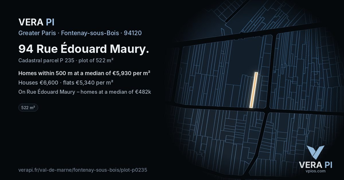 94 Rue Édouard Maury, Fontenay-sous-Bois at night – the plot lit, the parcels around coloured by the prices near them