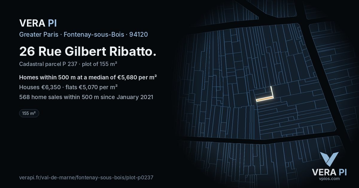 26 Rue Gilbert Ribatto, Fontenay-sous-Bois at night – the plot lit, the parcels around coloured by the prices near them