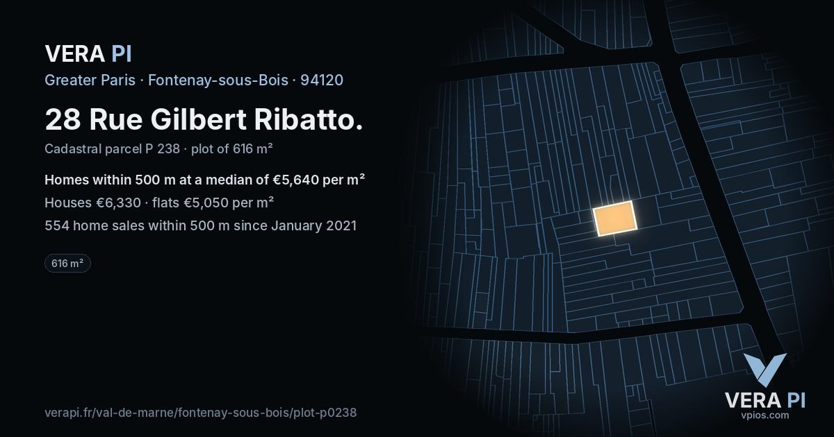 28 Rue Gilbert Ribatto, Fontenay-sous-Bois at night – the plot lit, the parcels around coloured by the prices near them