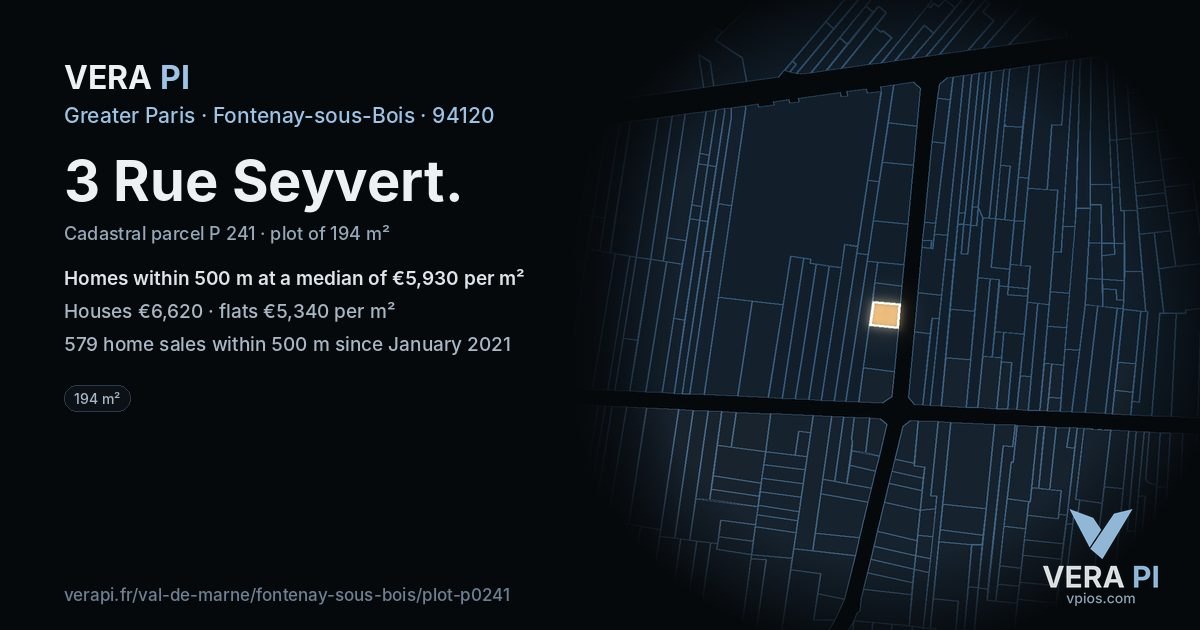 3 Rue Seyvert, Fontenay-sous-Bois at night – the plot lit, the parcels around coloured by the prices near them