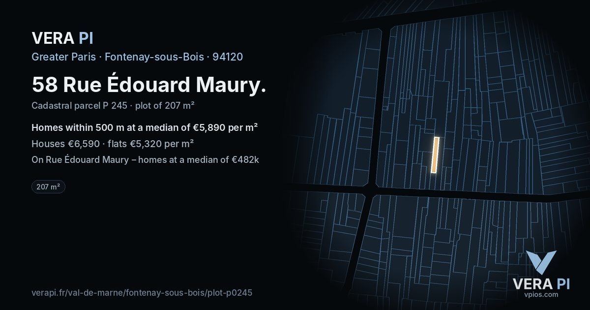 58 Rue Édouard Maury, Fontenay-sous-Bois at night – the plot lit, the parcels around coloured by the prices near them