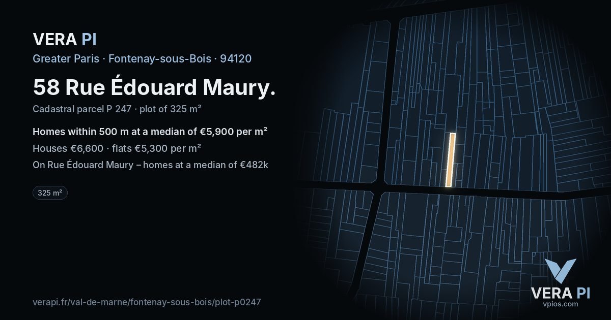 58 Rue Édouard Maury, Fontenay-sous-Bois at night – the plot lit, the parcels around coloured by the prices near them