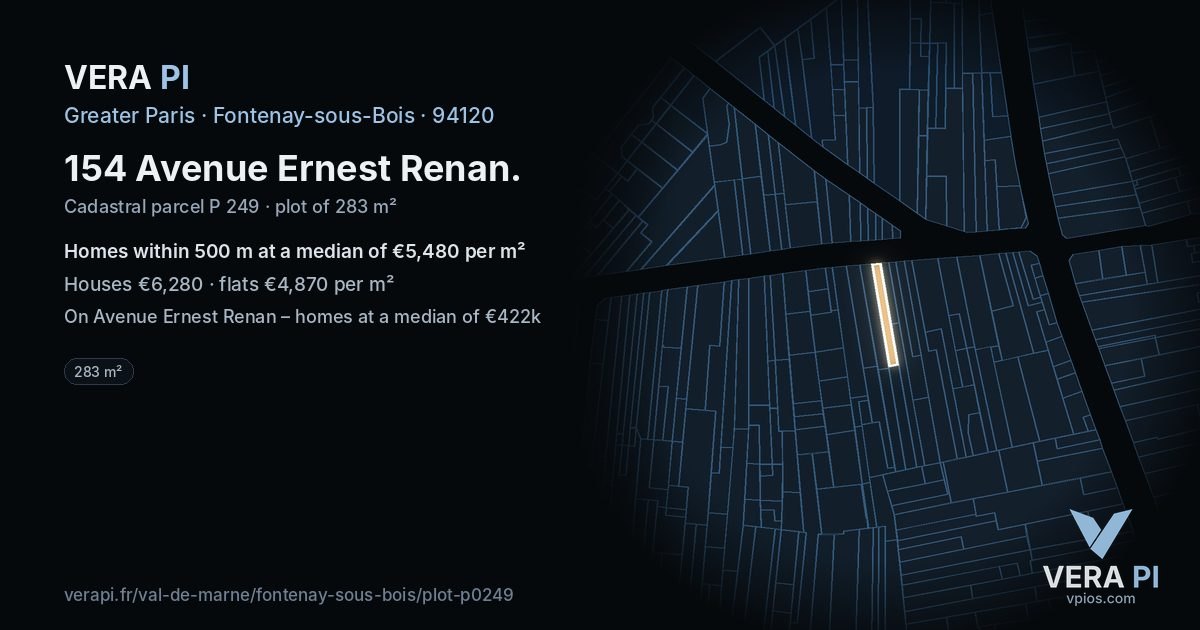 154 Avenue Ernest Renan, Fontenay-sous-Bois at night – the plot lit, the parcels around coloured by the prices near them
