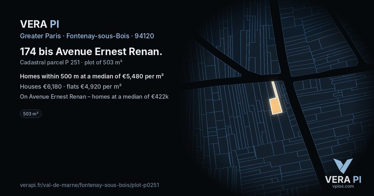 174 bis Avenue Ernest Renan, Fontenay-sous-Bois at night – the plot lit, the parcels around coloured by the prices near them