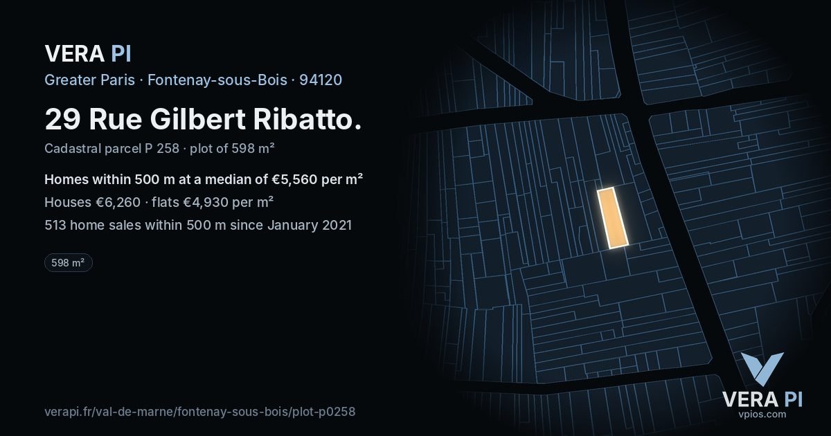 29 Rue Gilbert Ribatto, Fontenay-sous-Bois at night – the plot lit, the parcels around coloured by the prices near them