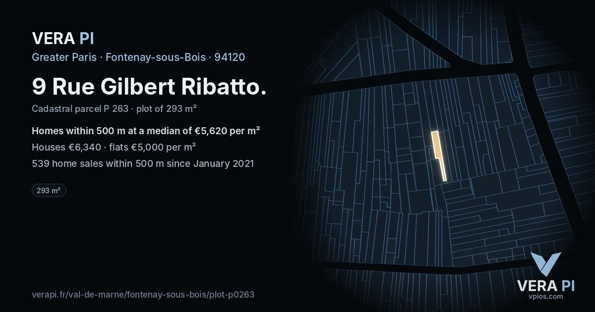9 Rue Gilbert Ribatto, Fontenay-sous-Bois at night – the plot lit, the parcels around coloured by the prices near them