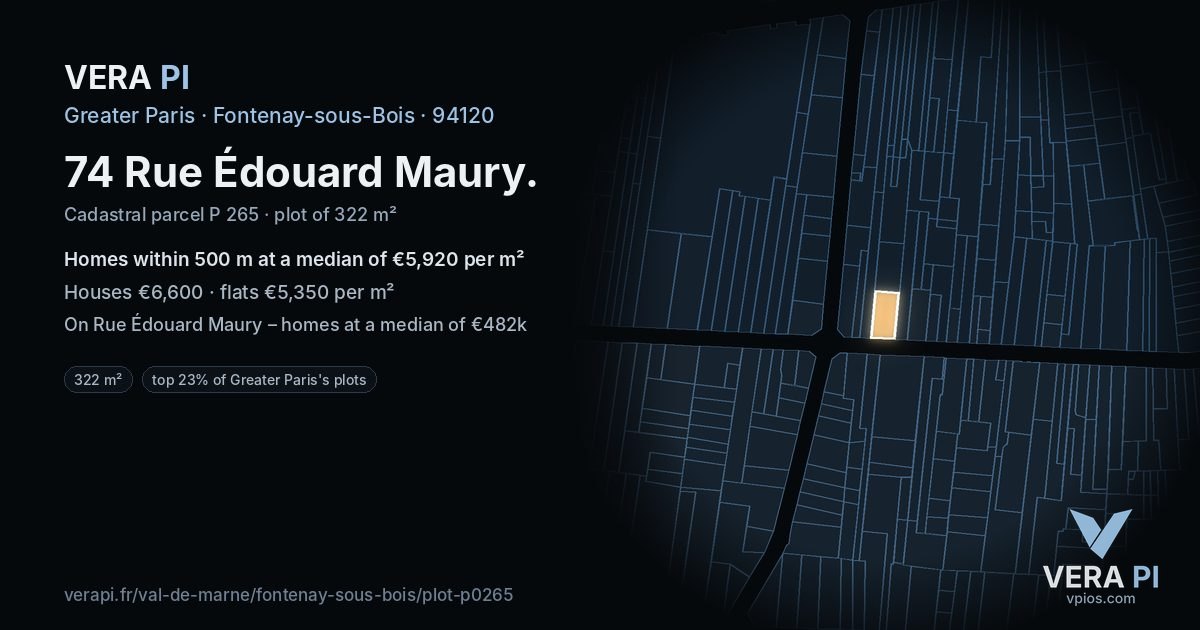 74 Rue Édouard Maury, Fontenay-sous-Bois at night – the plot lit, the parcels around coloured by the prices near them
