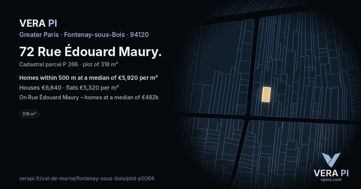 72 Rue Édouard Maury, Fontenay-sous-Bois at night – the plot lit, the parcels around coloured by the prices near them