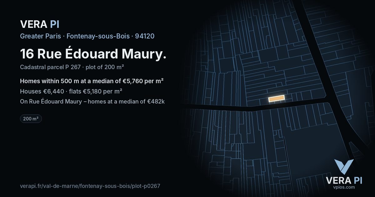 16 Rue Édouard Maury, Fontenay-sous-Bois at night – the plot lit, the parcels around coloured by the prices near them