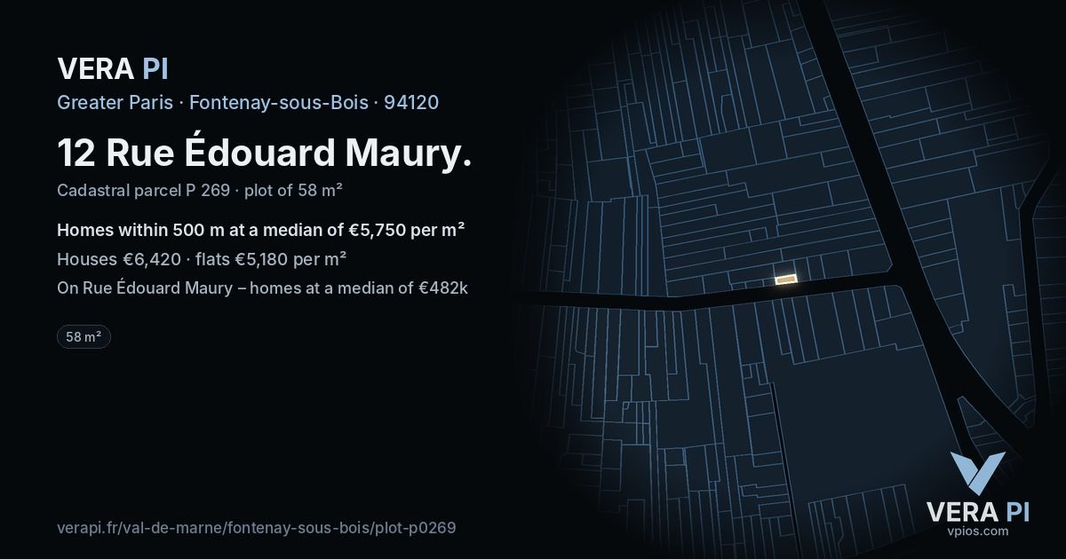 12 Rue Édouard Maury, Fontenay-sous-Bois at night – the plot lit, the parcels around coloured by the prices near them