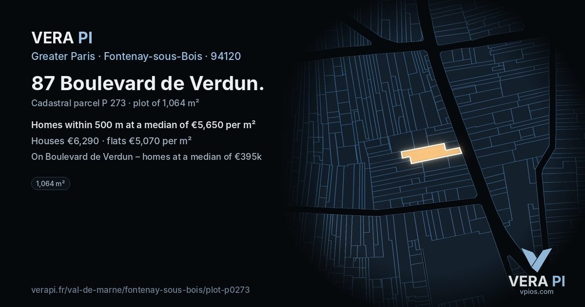 87 Boulevard de Verdun, Fontenay-sous-Bois at night – the plot lit, the parcels around coloured by the prices near them