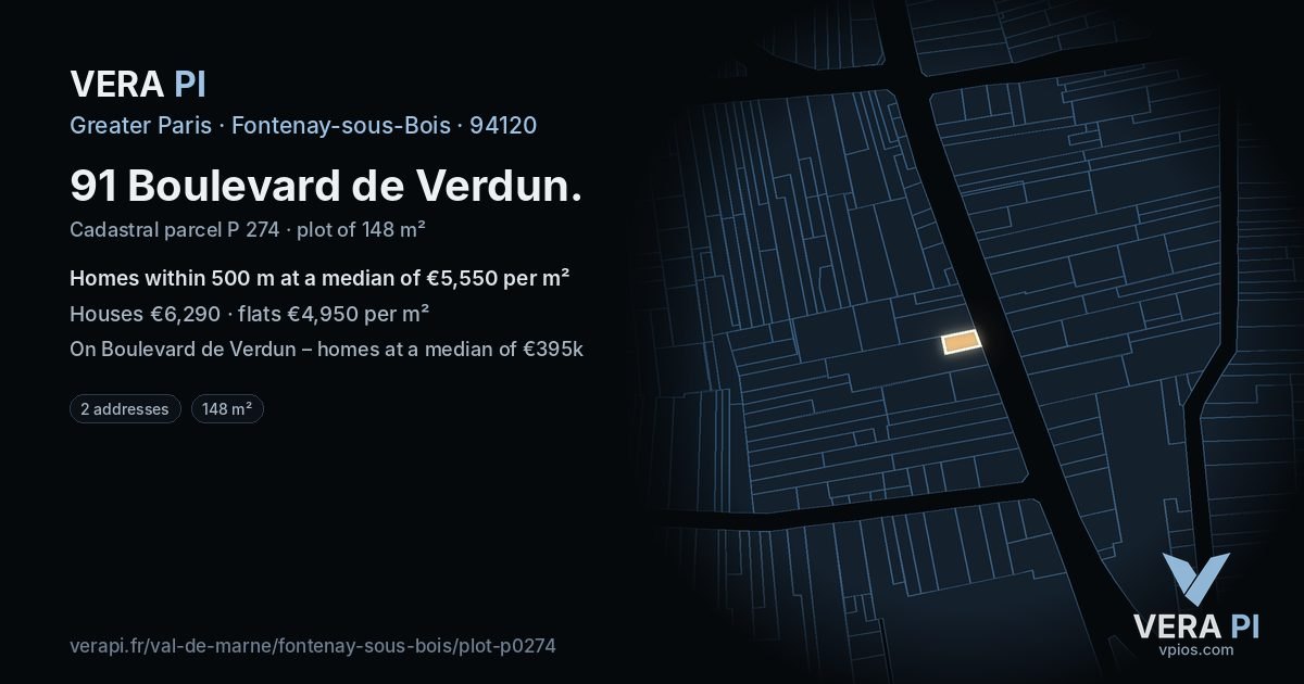 91 Boulevard de Verdun, Fontenay-sous-Bois at night – the plot lit, the parcels around coloured by the prices near them